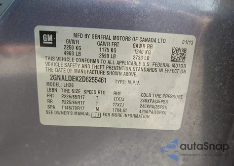 2013 Chevrolet Equinox 1Lt из США, поврежденный, VIN 2GNALDEK2D6255461